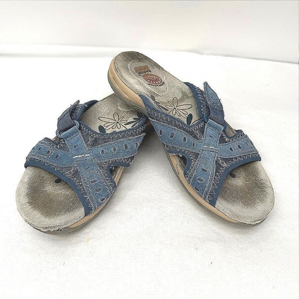 Earth Spirit Slide Sandals Blue Leather Mesh Floral Comfort Shoes Size 7 ***READ